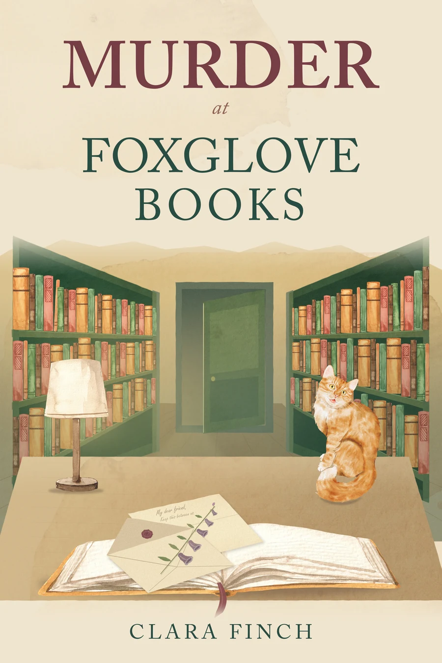 Murder at Foxglove Books: an open book, a foxglove letter and a ginger cat in a warmly lit bookshop.