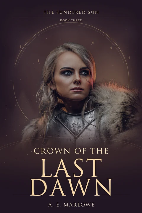 Crown of the Last Dawn: a woman in armor and fur against a warm plum background, framed by a fine circular motif.