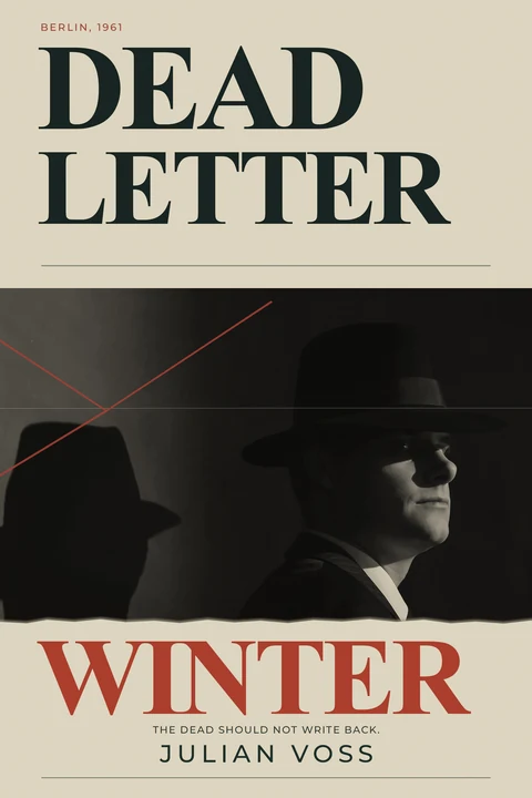 Dead Letter Winter: large black and red serif lettering around a shadowed man in a hat on a cream background.