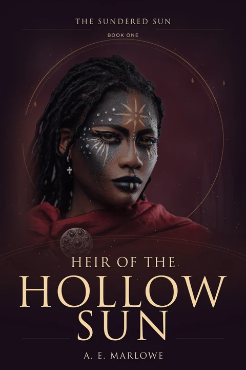 Heir of the Hollow Sun: a woman with a painted sun on her forehead, framed by a fine gold circle against burgundy.