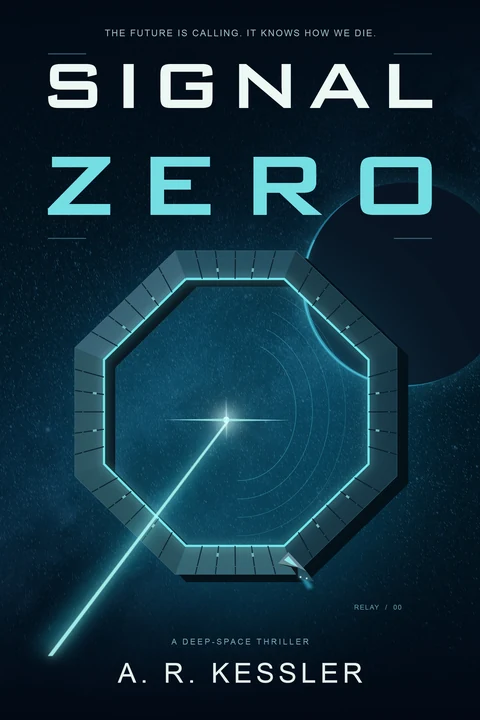 Signal Zero: cyan futuristic lettering above an illuminated geometric portal and a thin beam of light in space.