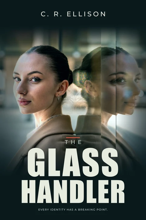 The Glass Handler: a woman’s portrait fractured into glass-like vertical reflections above bold condensed lettering.