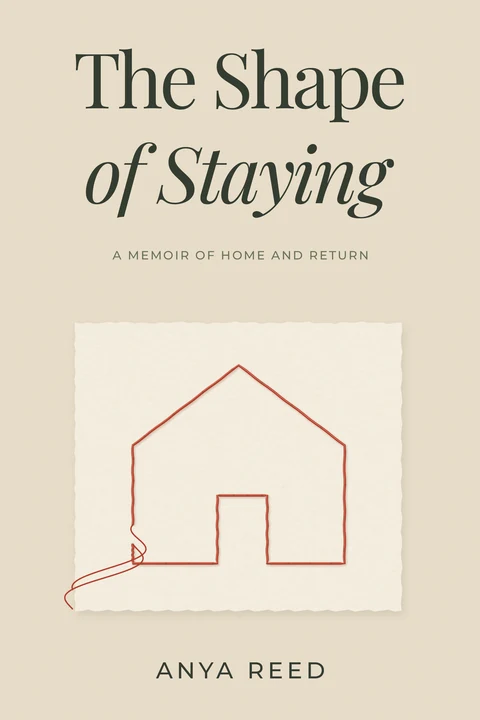 The Shape of Staying: a red thread forming the outline of a house on torn paper beneath restrained serif lettering.