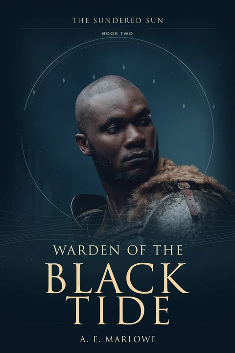 Warden of the Black Tide: an armored man in fur against deep blue, with a circular gold frame and flowing line detail.